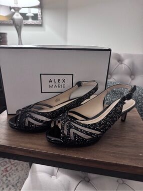 Alex Marie Black Sparkling Slingback Peep-Toe Heels